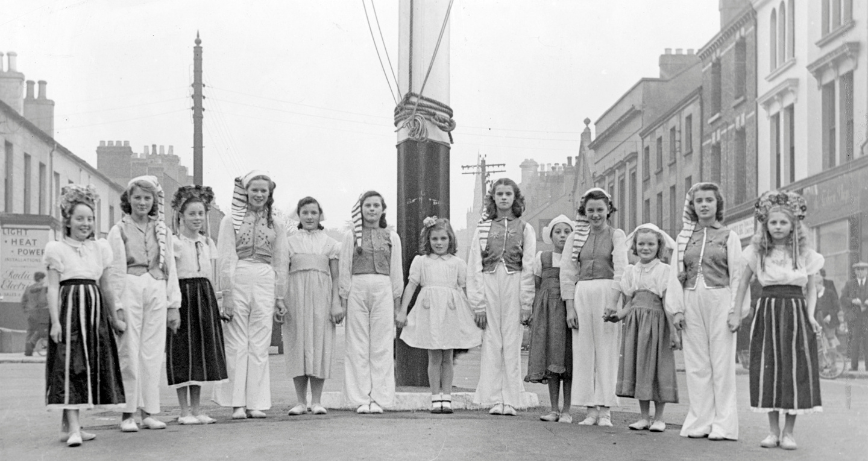 Girls of the Marie Corry School of Dancing at the new maypole, 1949